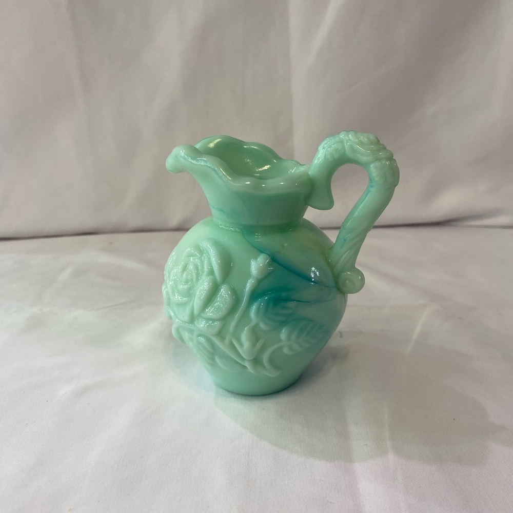 1970 vintage Avon vase,  Elegant Jade Green Glass Pitcher with Floral Motif